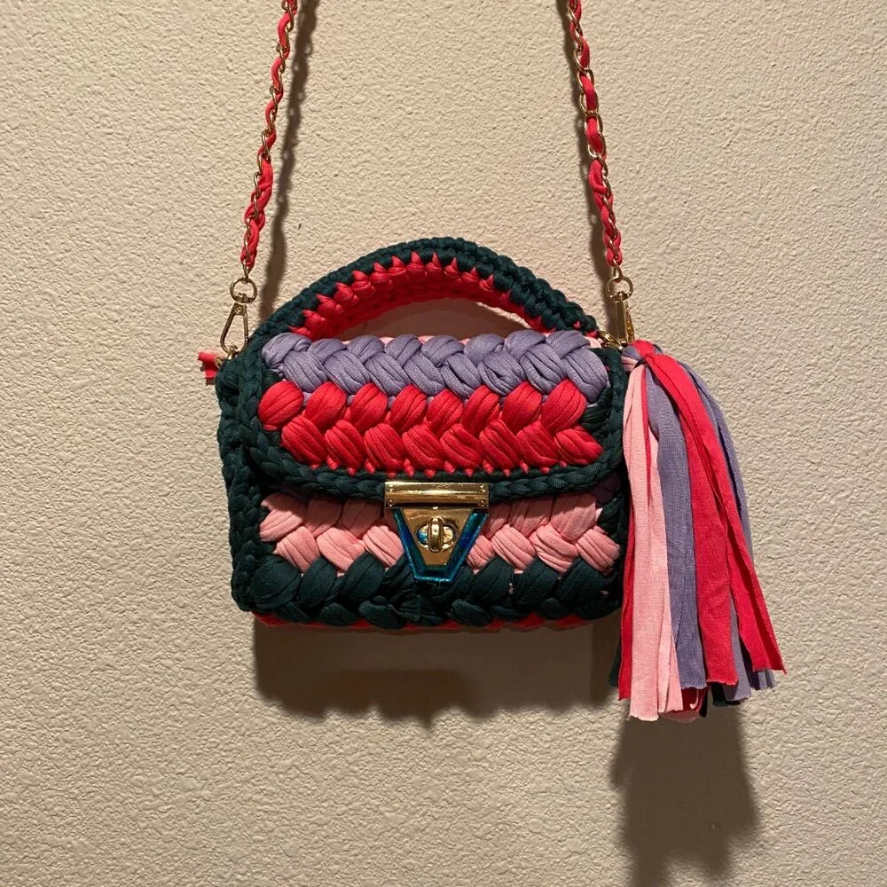 Colorful‎ Braided Crochet Shoulder Purse  Handmade Summer Bag 7x8